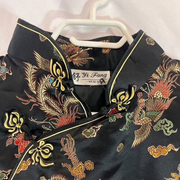 Yi Fang Asian Cheongsam Dress Women Black Embroidered Dragon Peacock Side Slit - Picture 2 of 14